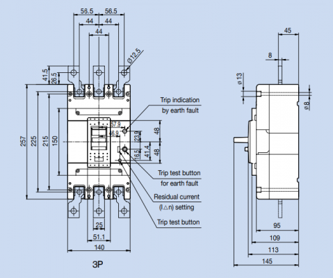 Kích thước của aptomat ELCB EBN403c 3P 400A 30mA và 100/200/500mA 37kA LS