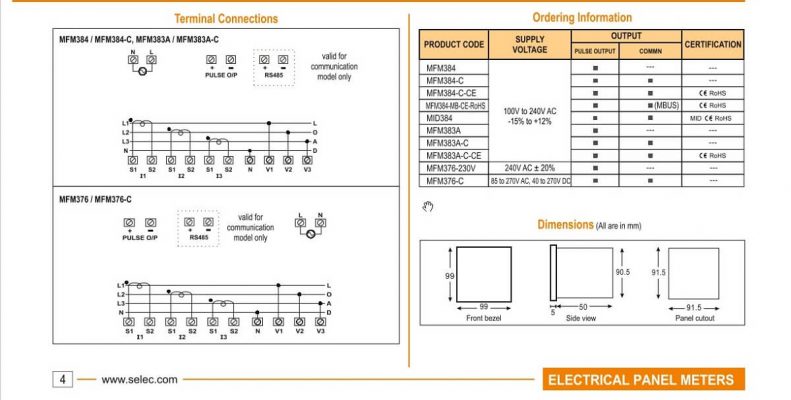 Sơ đồ đấu dây và kích thước của đồng hồ đo đa chức năng MFM383A Selec