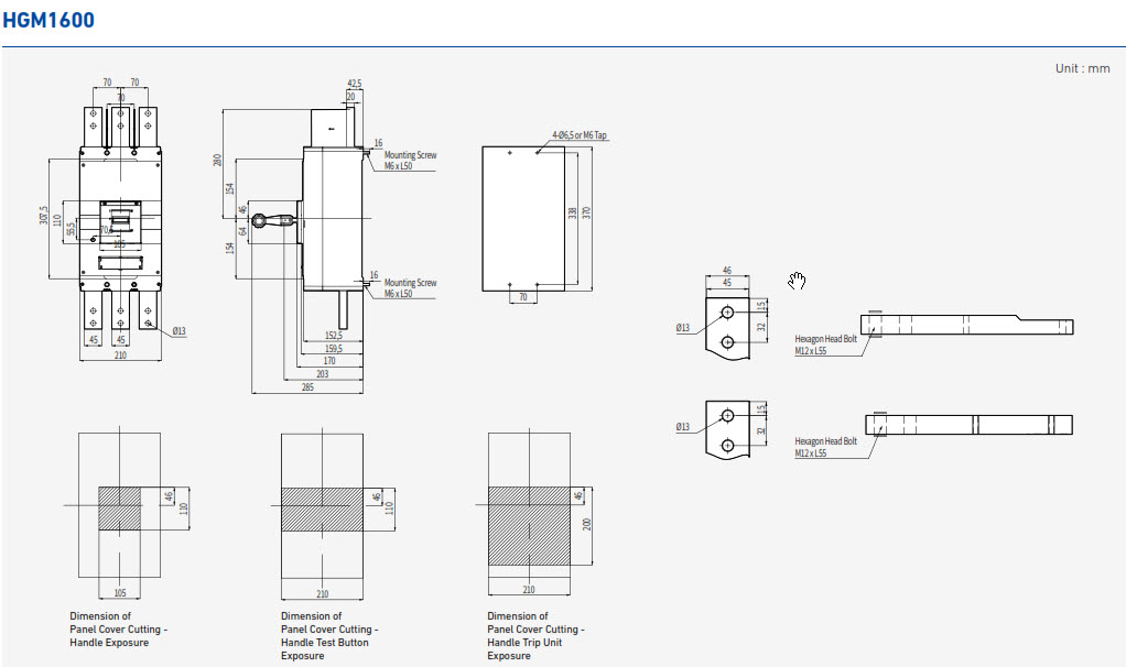 Kích thước Aptomat MCCB HGM1600S 3P 1600A 70kA Hyundai