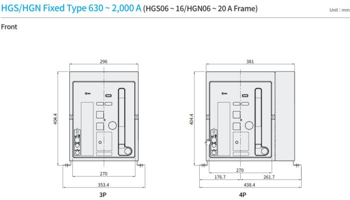 Kích thước của máy cắt HGS/HGN Fix type 630~2000A Hyundai 01