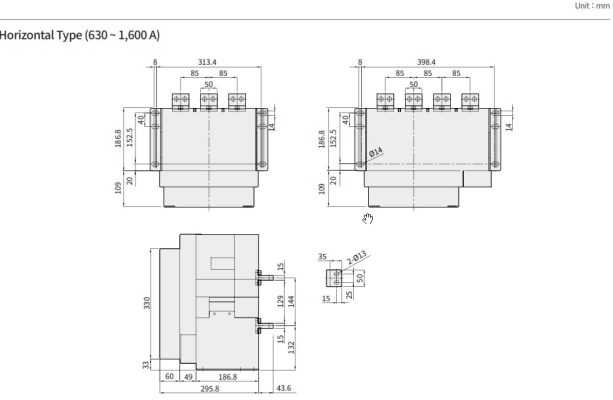 Kích thước của máy cắt HGS/HGN Fix type 630~2000A Hyundai 02