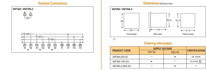Sơ đồ đấu và kích thước của đồng hồ đo đa chức năng VAF36A Selec