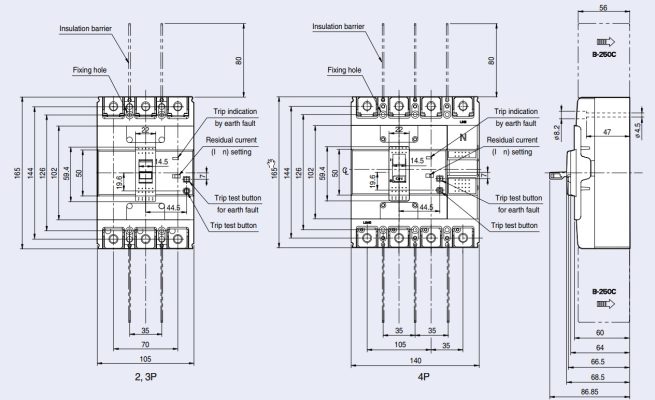 Kích thước của aptomat ELCB EBN203c 3P 200A 30mA và 100/200/500mA 26kA LS