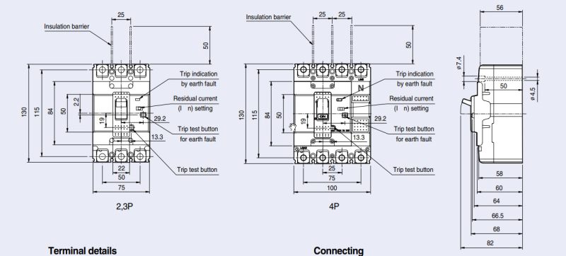 Kích thước của aptomat ELCB EBN104c 4P 30A 30mA và 100/200/500mA 18kA LS