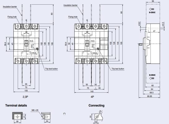 Kích thước của aptomat MCCB ABN204c 4P 150A 30kA LS