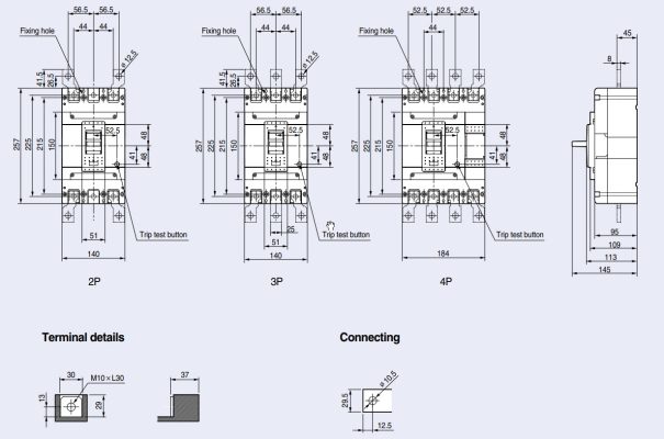 Kích thước của aptomat MCCB ABN404c 4P 400A 42kA LS