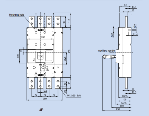 Kích thước của aptomat MCCB ABS1204b 4P 1200A 65kA LS 