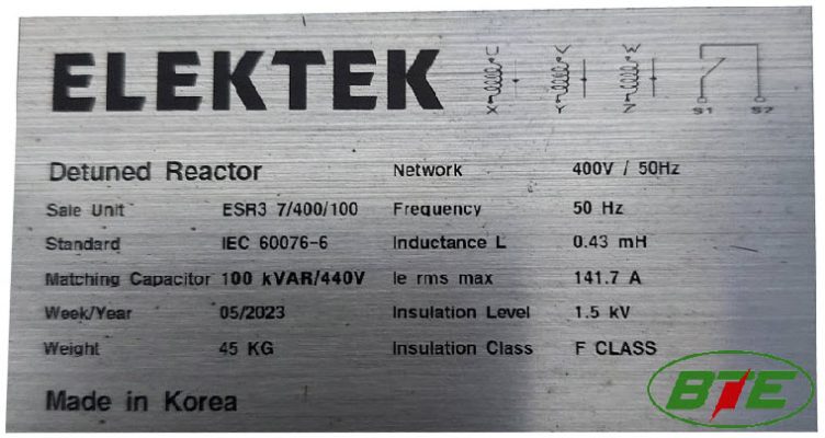 Thông số kỹ thuật cuộn kháng hạ thế 440V 100kVAR 7% Elektek