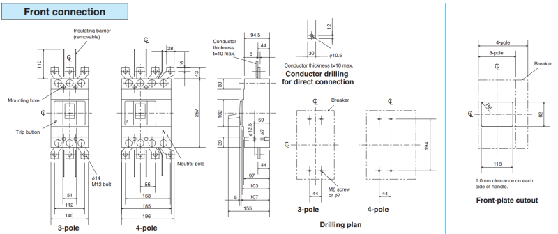 Kích thước aptomat MCCB NF630-SEW 3P 630A 50kA Mitsubishi
