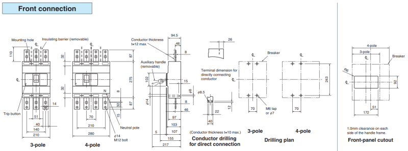 Kích thước cảu aptomat MCCB NF800-SEW 3P 800A 50kA Mitsubishi
