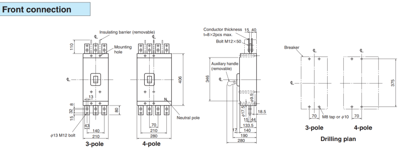 Kích thước aptomat MCCB NF1000-SEW 3P 1000A 85kA Mitsubishi