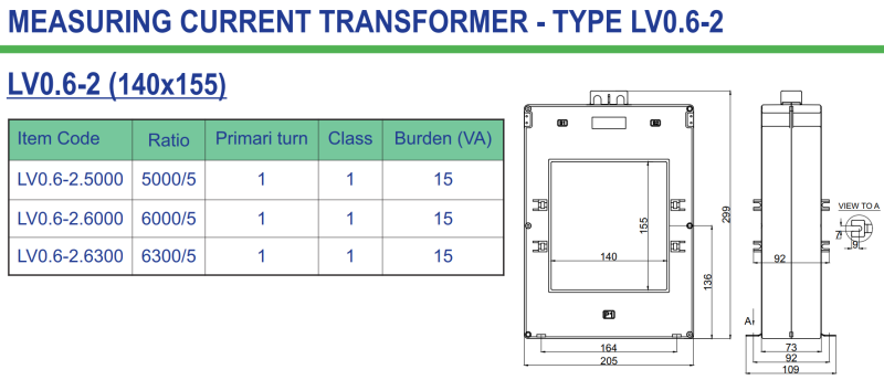 Kích thước của biến dòng vuông LV0.6-2.5000 5000/5A IEE