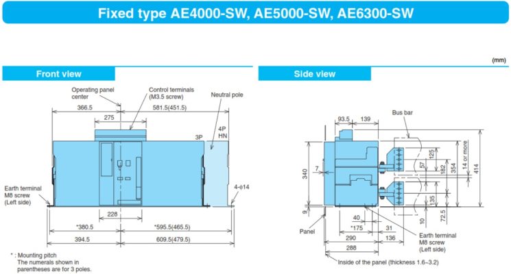 Kích thước Máy cắt ACB AE5000-SW 4P 5000A 130kA loại cố định Mitsubishi