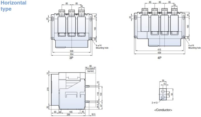 Kích thước ACB AN-08D3-08H AG6 fix 3P 800A 65kA 2
