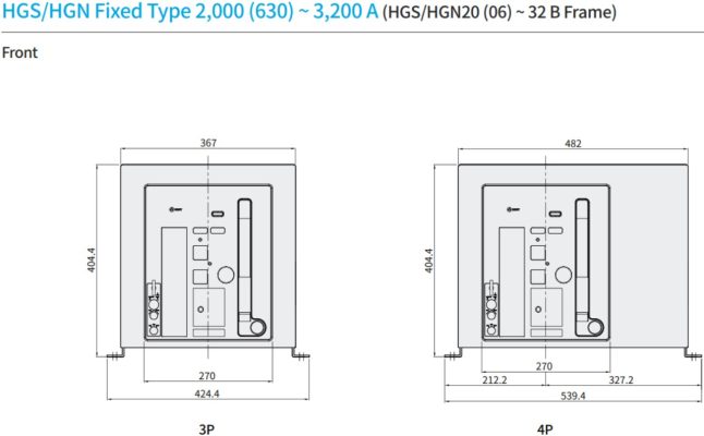Kích thước Máy cắt ACB HGS25B 3H M2C2S251N 3P 2500A 85kA loại cố định 01