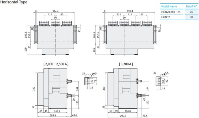 Kích thước Máy cắt ACB HGS25B 3H M2C2S251N 3P 2500A 85kA loại cố định 02