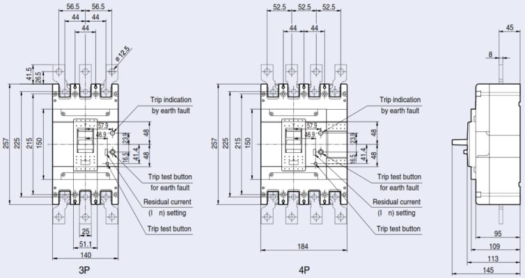 Kích thước ELCB EBN404c 4P 400A 37kA 100-200-500mA 2
