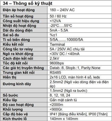 Thông số kỹ thuật bộ điều khiển tụ bù RGT-24H 1