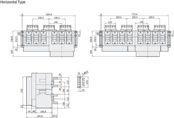 kích thước máy cắt ACB hạ thế HGN50C3H M0C0S051S 3P 5000A 100kA 2