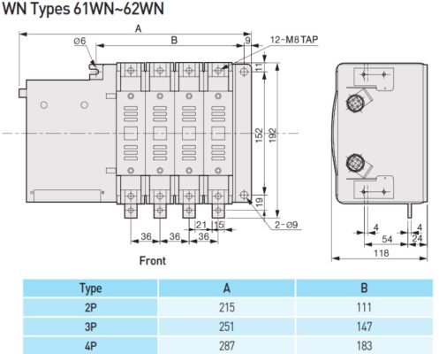 Kích thước ATS B60010WN 3P 100A Vitzro