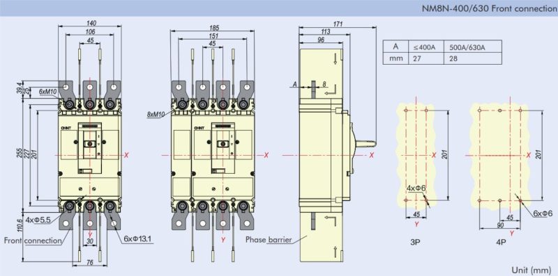 Kích thước Aptomat MCCB NM8N-630S 3P 630A 50kA Chint