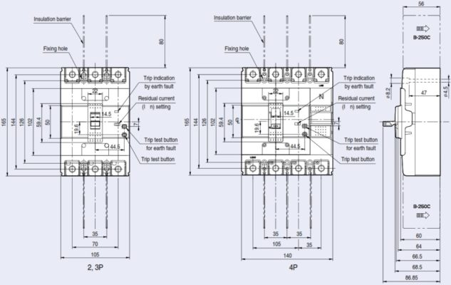 kích thước tổng thể Aptomat ELCB EBS204c 4P 175A 100/200/500mA 37kA LS 1
