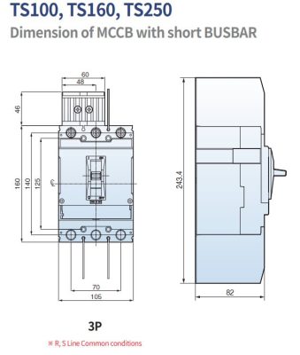 Kích thước aptomat MCCB TS160N FMU160 3P 160A 50kA