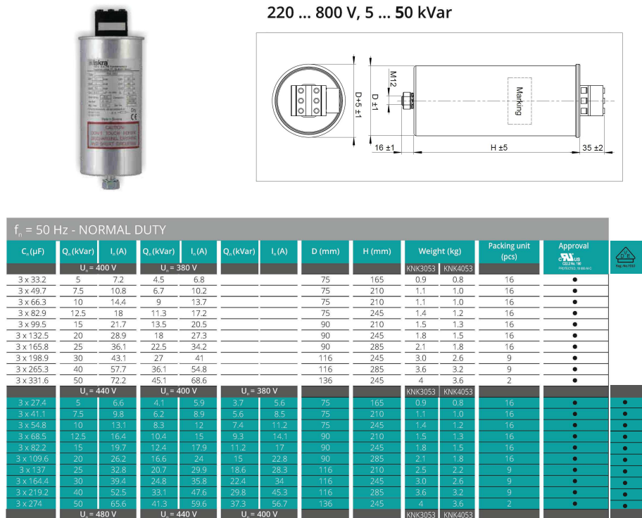 Kích thước: Tụ bù dầu 3 pha 440V 50kVAR Iskra - KNK4053