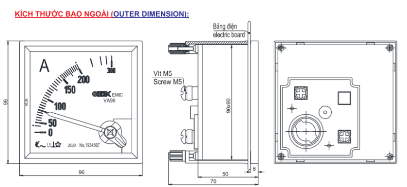 Kích thước Đồng hồ Ampe kế VA96 Emic 1600/5A