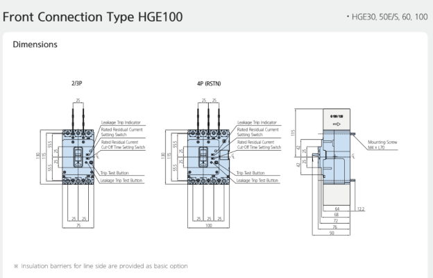 Kích thước Aptomat ELCB HGE50E 3P 32A 16kA Hyundai