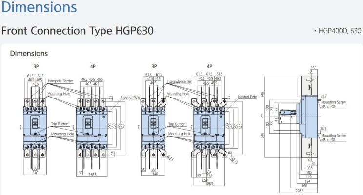 Kích thước Aptomat MCCB HGP630S-H 3P 630A 85kA Hyundai