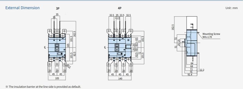 Kích thước Aptomat MCCB HGM250H-FVP 3P 250A 38kA Hyundai