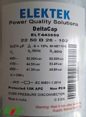 Thông số kỹ thuật tụ bù tròn dầu 440V 50kVAR Elektek