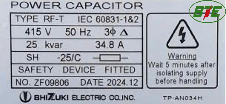 Thông số Tụ bù dầu 415V 25kVAR Shizuki